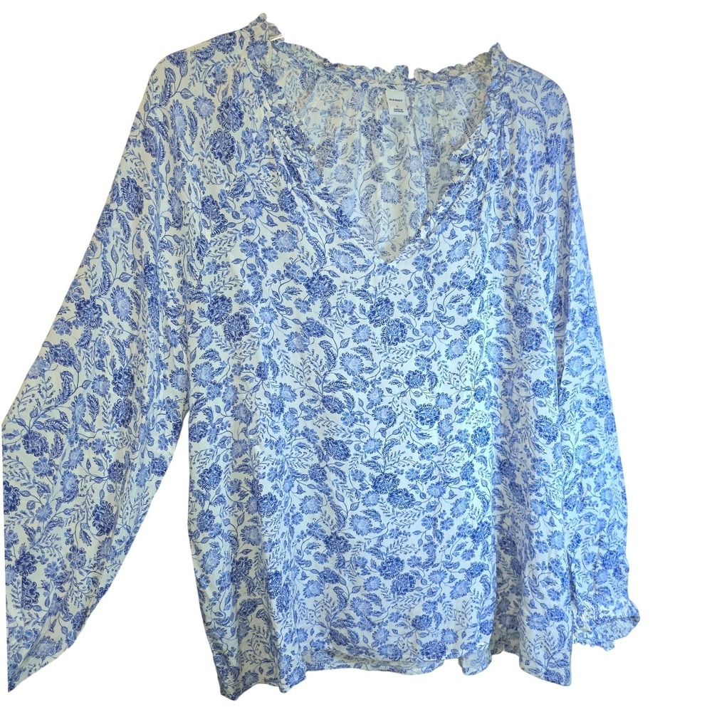 Old Navy Floral Pullover Blouse Ruffle Split Neck Womens Large Blue‎ Blend White